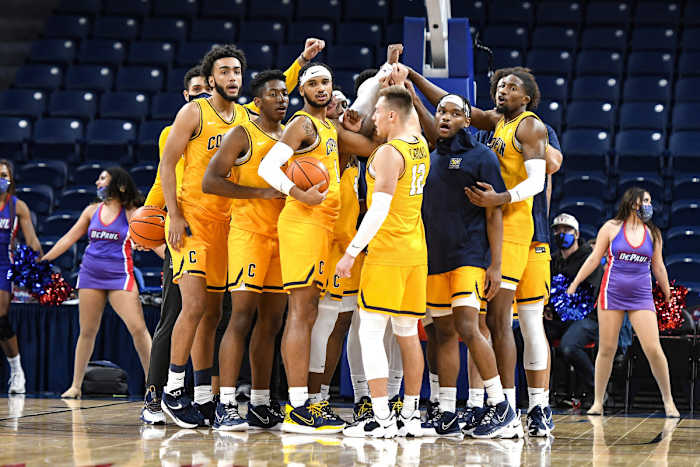 Coppin State men's basketball huddles before a game